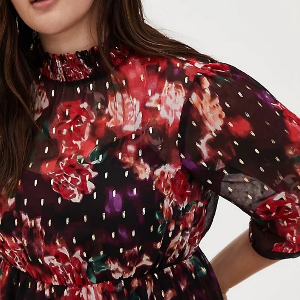 torrid Black and Red Floral Smocked Neck Dress
